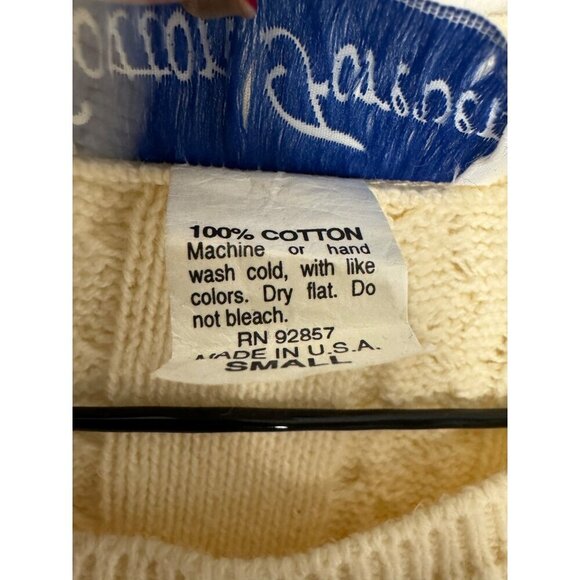 Vintage Y2K 90s Cotton Forever Yellow Short Sleeve Cable Knit Sweater Blue Flora - Picture 3 of 5